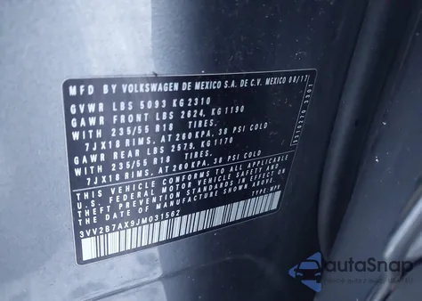 2018 Volkswagen Tiguan 2.0T Se/2.0T Sel из США, поврежденный, VIN 3VV2B7AX9JM031562